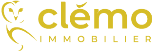 Logo de Clémo Immobilier, en jaune doré, sur lequel figure une chouette à gauche, et à droite les mots "clémo immobilier" écrits en minuscule.