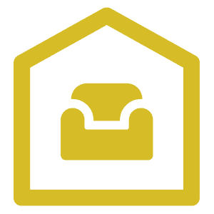 Une icône jaune dorée représentant une maison avec un fauteuil à l'intérieur.